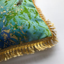 Small Fringed Green and Gold Cushion - J D'Cruz