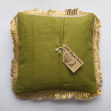 Small Fringed Green and Gold Cushion - J D'Cruz